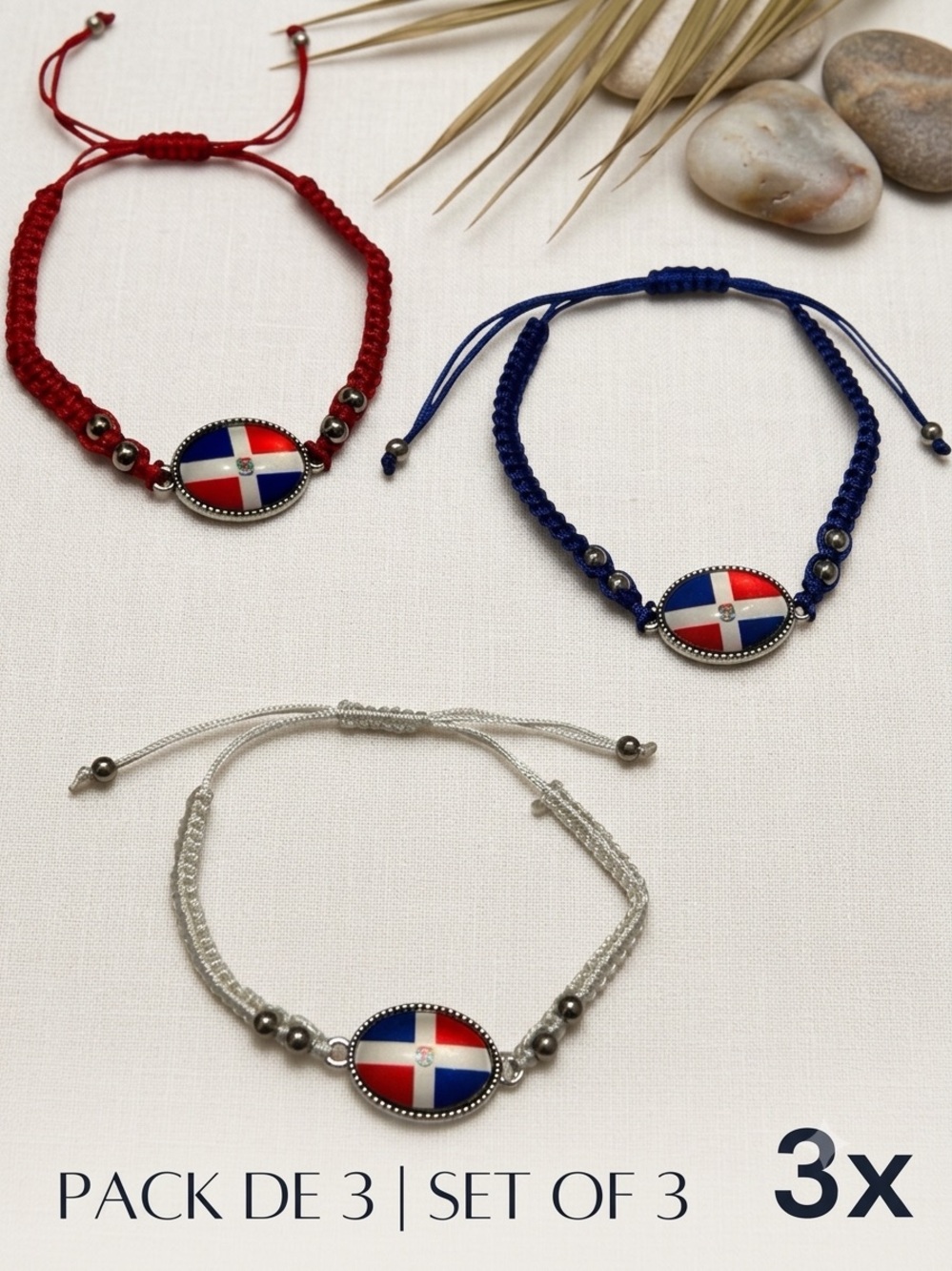 3x Dominican Republic Flag Braided Cord Bracelet Adjustable Patriotic 3 Pack